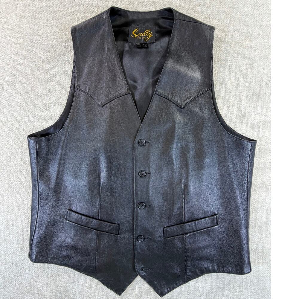 Scully Men 42 Black Genuine Leather Button Front Western Cowboy Vest Casual